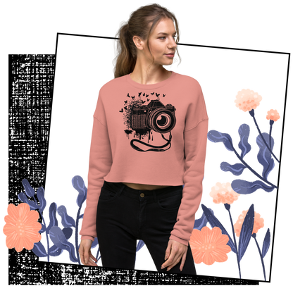 Retro Cropped Sweatshirt - Vintage Camera and Butterflies Lifestyle 02