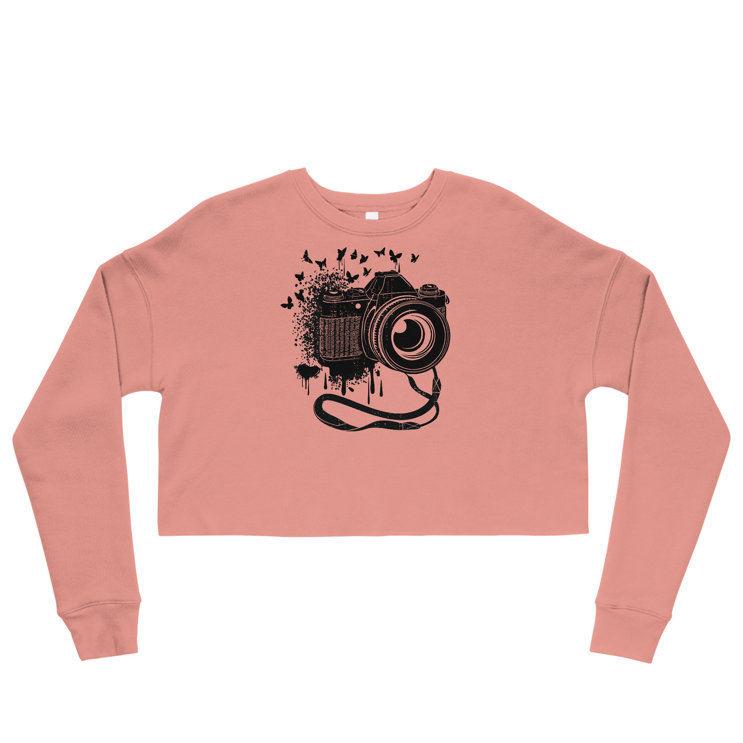 Retro Cropped Sweatshirt - Vintage Camera and Butterflies Mauve