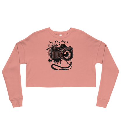 Retro Cropped Sweatshirt - Vintage Camera and Butterflies Mauve