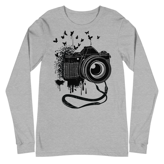 Retro Unisex Long Sleeve Tee - Camera and Butterflies Athletic Heather