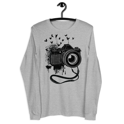 Retro Unisex Long Sleeve Tee - Camera and Butterflies Hanger Front