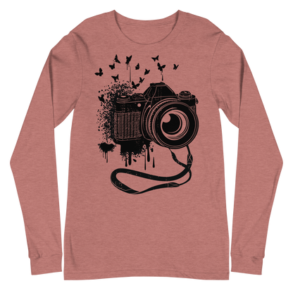 Retro Unisex Long Sleeve Tee - Camera and Butterflies Heather Mauve