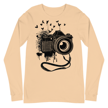 Retro Unisex Long Sleeve Tee - Camera and Butterflies Sand Dune