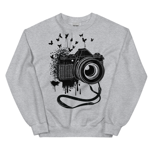 Retro Unisex Sweatshirt - Vintage Camera and Butterflies Sport Grey