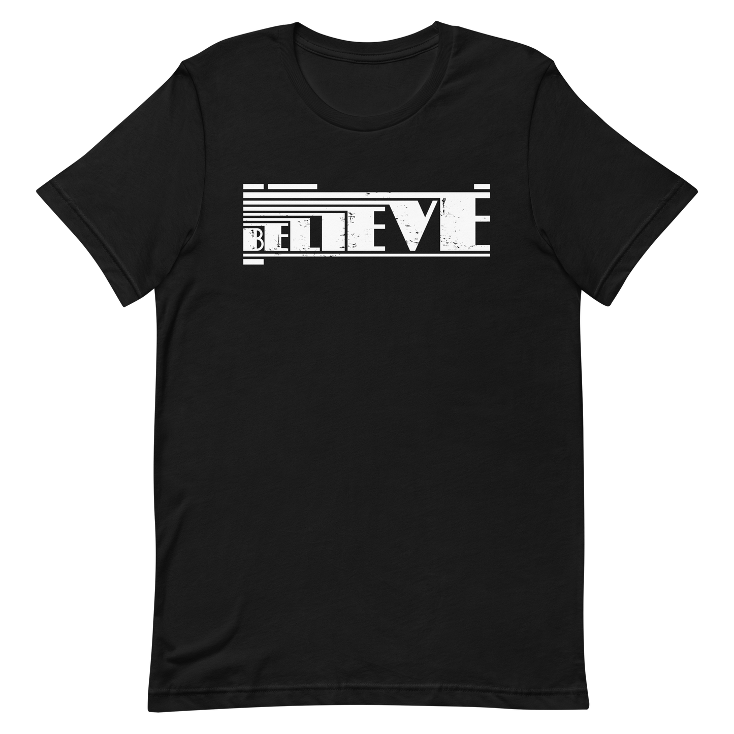 Retro Unisex T-Shirt - Believe Typography Design with Strong Lines Black