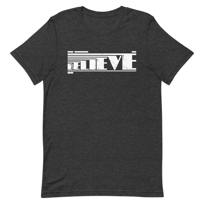 Retro Unisex T-Shirt - Believe Typography Design with Strong Lines Dark Grey Heather