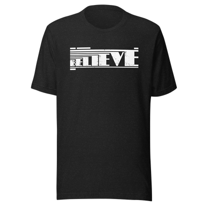 Retro Unisex T-Shirt - Believe Typography Design with Strong Lines Ghost Front