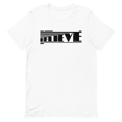 Retro Unisex T-Shirt - Believe Typography Design with Strong Lines White