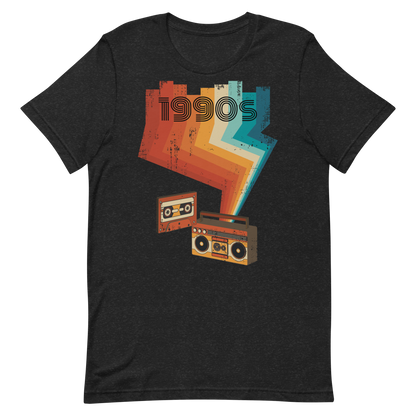Retro Unisex T-Shirt - Cassette Player and Colorful Rays Black Heather