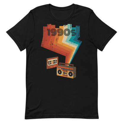 Retro Unisex T-Shirt - Cassette Player and Colorful Rays Black