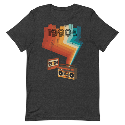 Retro Unisex T-Shirt - Cassette Player and Colorful Rays Dark Grey Heather