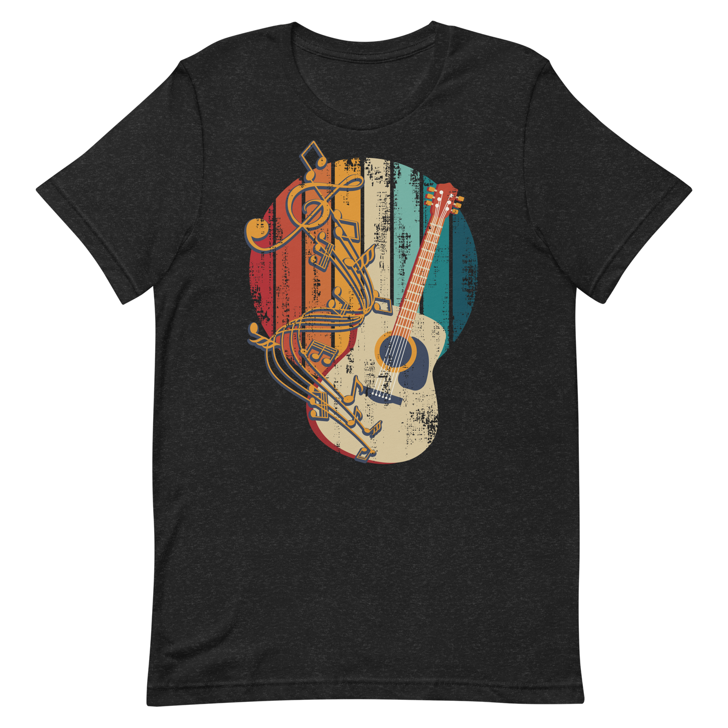 Retro Unisex T-Shirt - Classical Guitar and Notes Design Black Heather