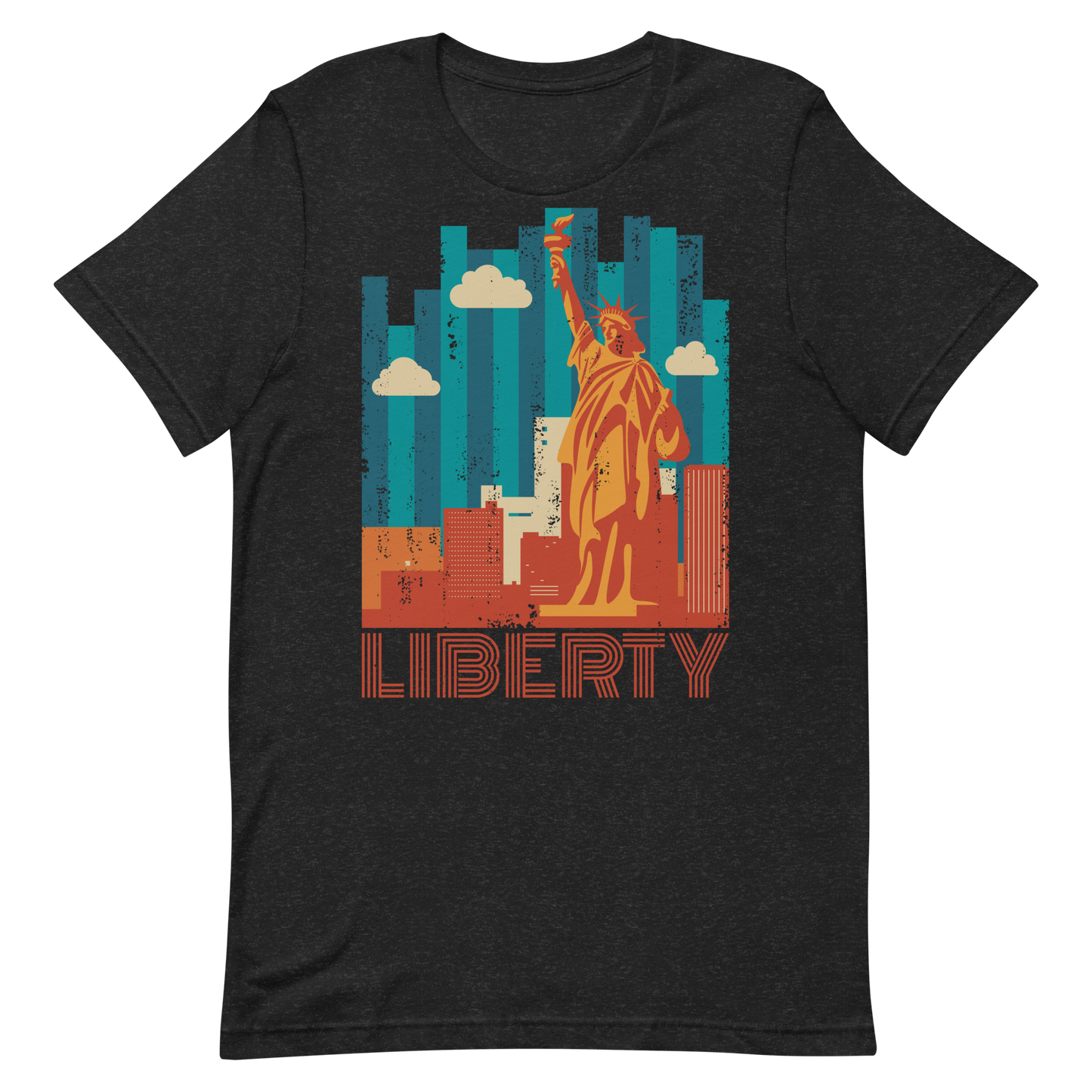 Retro Unisex T-Shirt - Statue of Liberty and Skyscrapers Black Heather