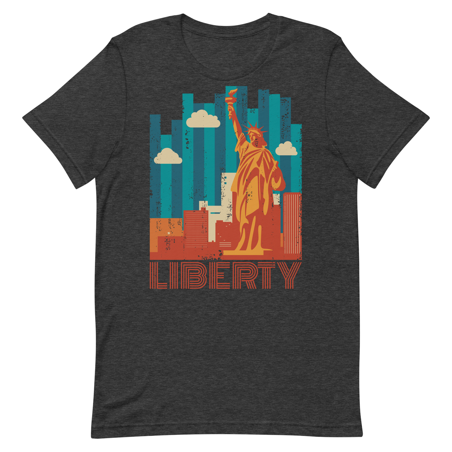 Retro Unisex T-Shirt - Statue of Liberty and Skyscrapers Dark Grey Heather