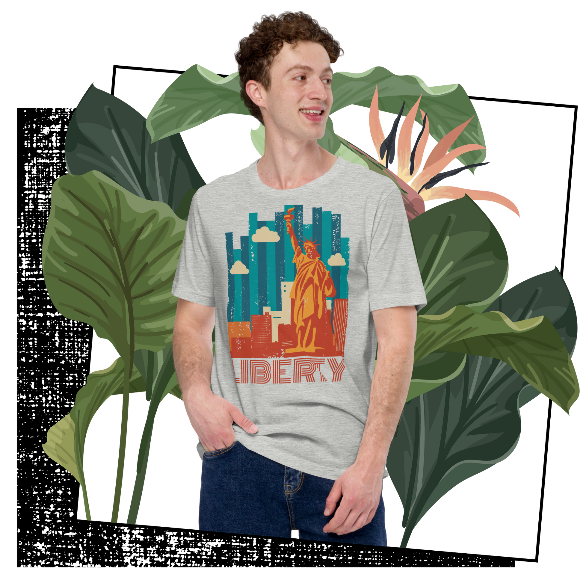 Retro Unisex T-Shirt - Statue of Liberty and Skyscrapers Lifestyle 01