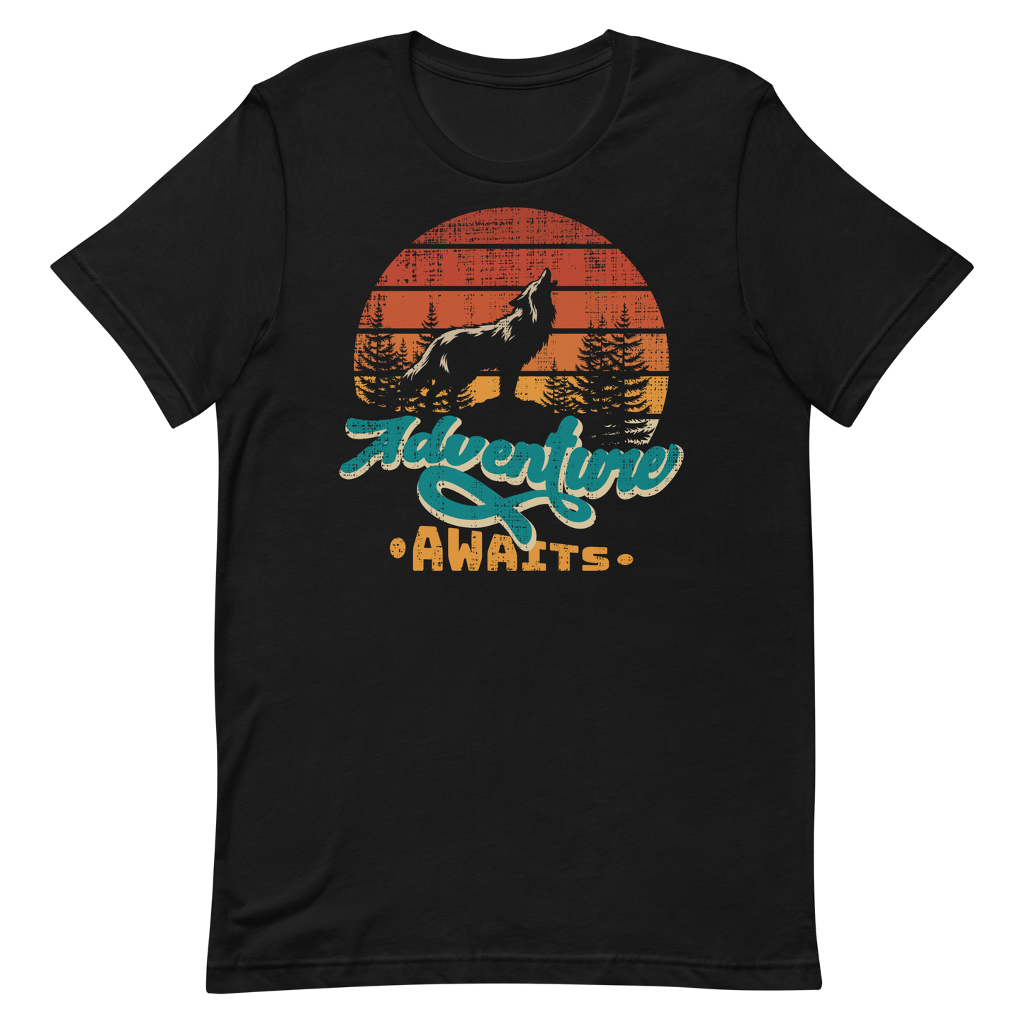 Retro Unisex T-Shirt - Wolf at Sunset and Adventure Awaits Black