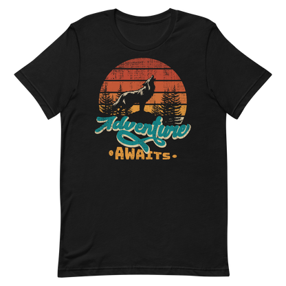 Retro Unisex T-Shirt - Wolf at Sunset and Adventure Awaits Black