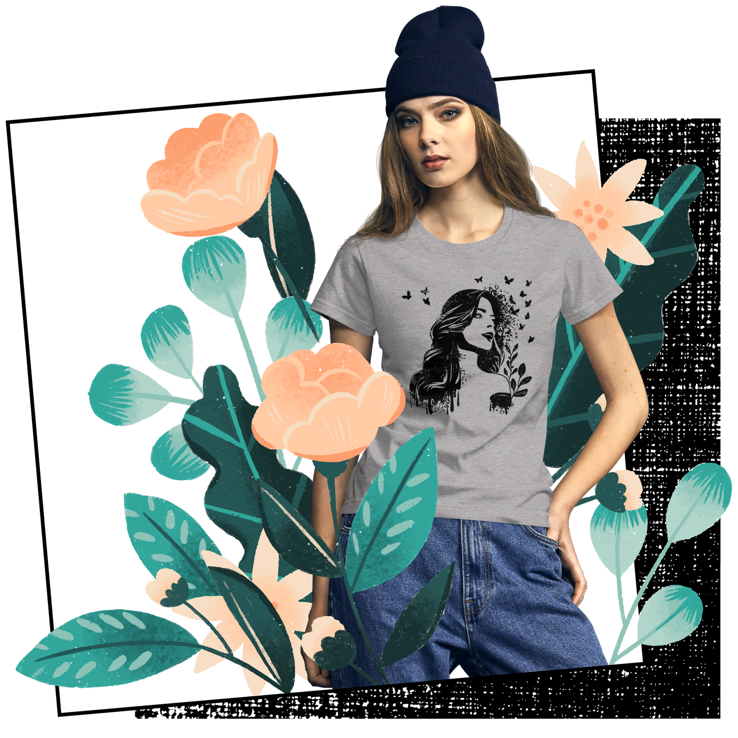 Retro Women's T-Shirt - Dreamy Girl in Monochrome Style Lifestyle 01