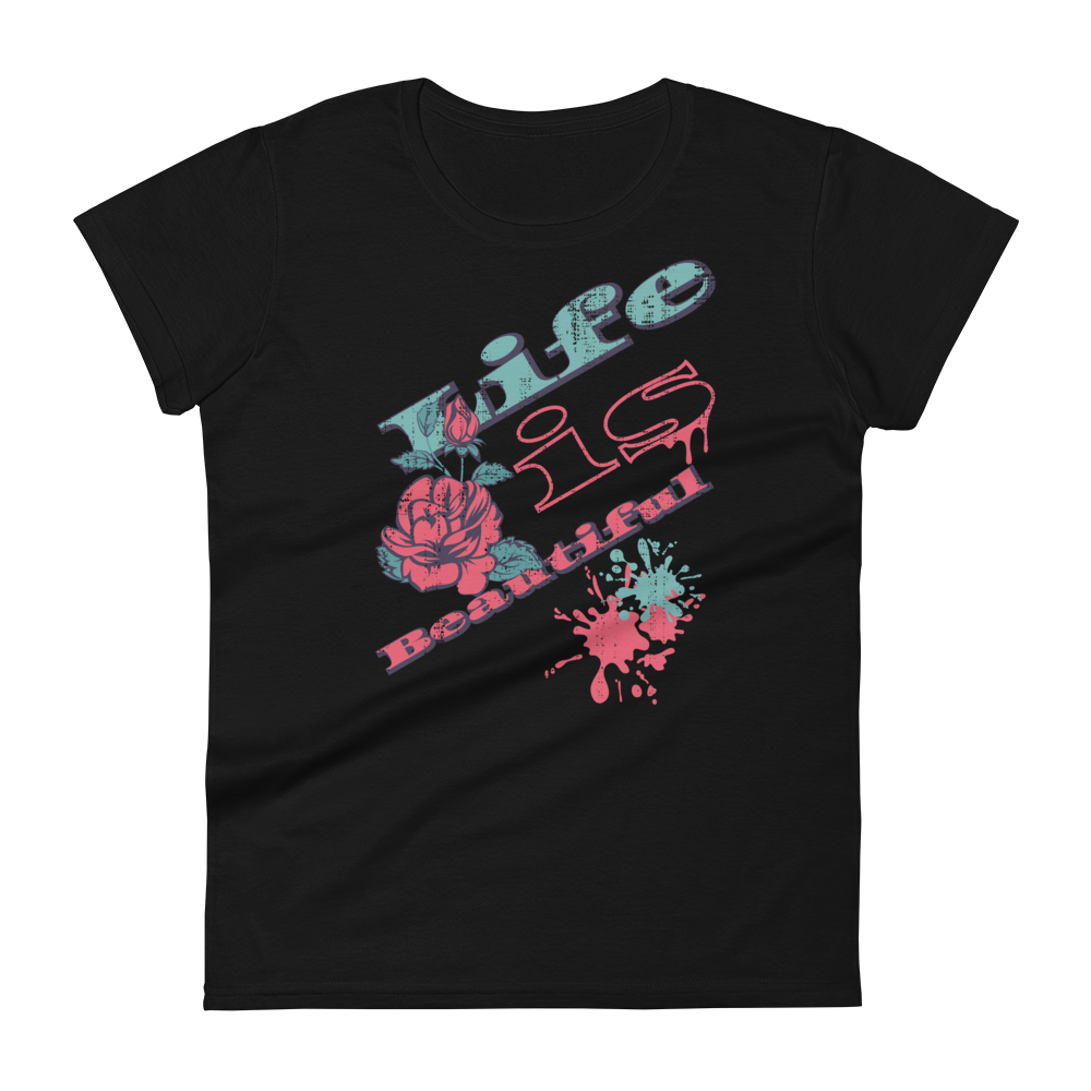 Retro Women's T-Shirt - Life is Beautiful Typography Design Black