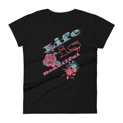 Retro Women's T-Shirt - Life is Beautiful Typography Design Black